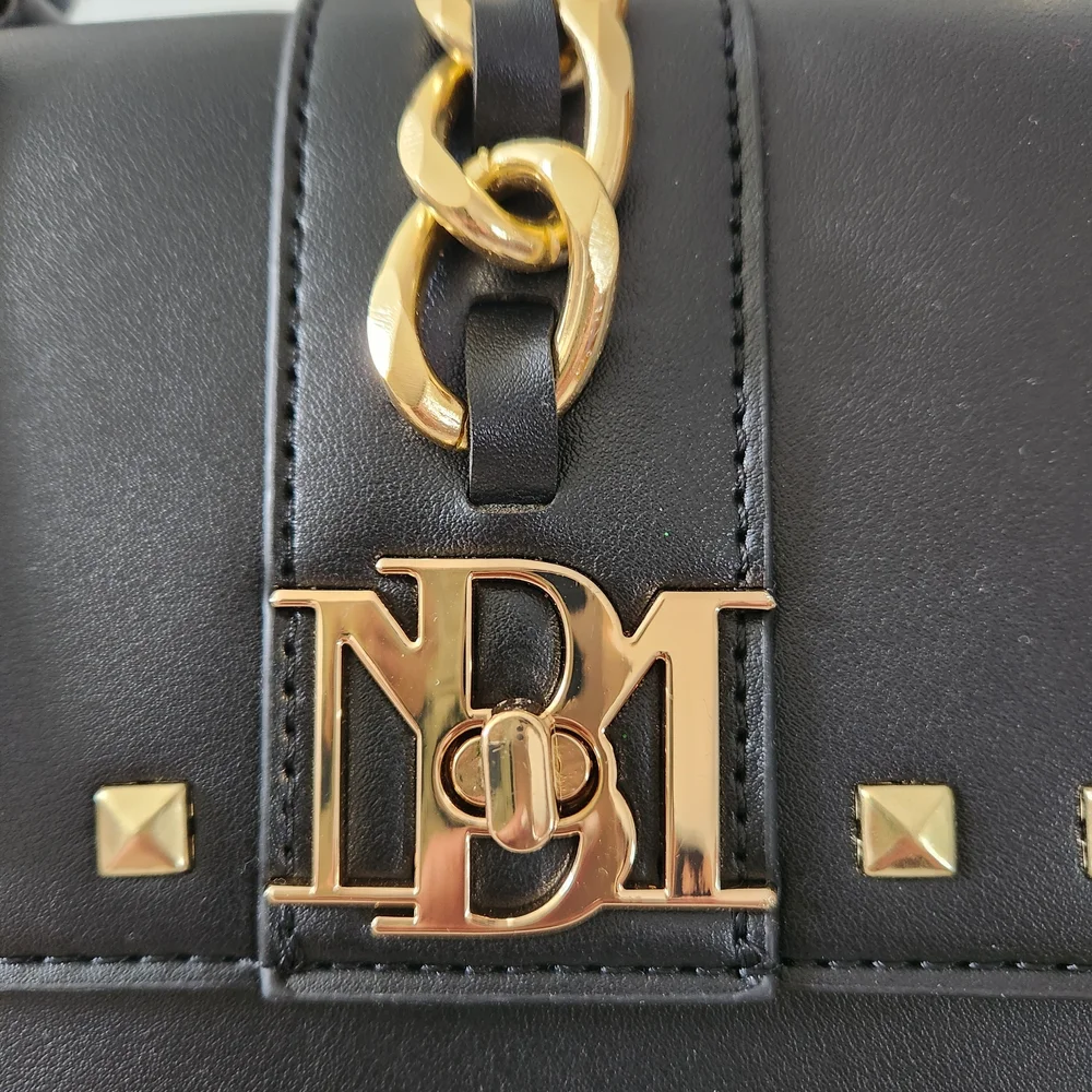 Badgley Mischka Black Vegan Leather Top-Handle Satchel With Crossbody Strap.